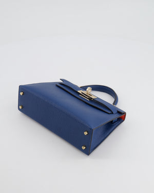 *RARE* Hermès Mini Kelly HSS II 20 Verso Bag In Deep Blue Chèvre Mysore Leather with Orange Poppy Interior and Permabrass Hardware