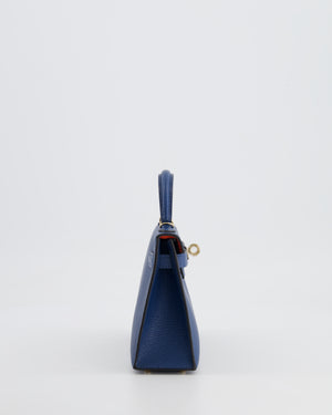 *RARE* Hermès Mini Kelly HSS II 20 Verso Bag In Deep Blue Chèvre Mysore Leather with Orange Poppy Interior and Permabrass Hardware