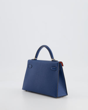 *RARE* Hermès Mini Kelly HSS II 20 Verso Bag In Deep Blue Chèvre Mysore Leather with Orange Poppy Interior and Permabrass Hardware