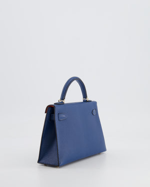 *RARE* Hermès Mini Kelly HSS II 20 Verso Bag In Deep Blue Chèvre Mysore Leather with Orange Poppy Interior and Permabrass Hardware