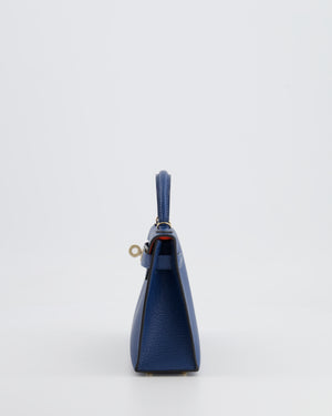 *RARE* Hermès Mini Kelly HSS II 20 Verso Bag In Deep Blue Chèvre Mysore Leather with Orange Poppy Interior and Permabrass Hardware