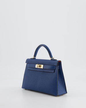 *RARE* Hermès Mini Kelly HSS II 20 Verso Bag In Deep Blue Chèvre Mysore Leather with Orange Poppy Interior and Permabrass Hardware