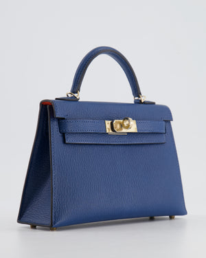 *RARE* Hermès Mini Kelly HSS II 20 Verso Bag In Deep Blue Chèvre Mysore Leather with Orange Poppy Interior and Permabrass Hardware