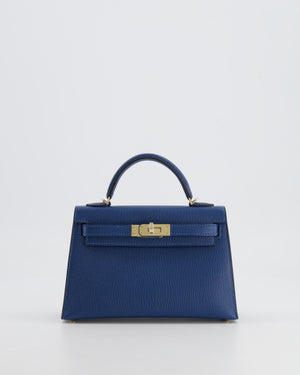 *RARE* Hermès Mini Kelly HSS II 20 Verso Bag In Deep Blue Chèvre Mysore Leather with Orange Poppy Interior and Permabrass Hardware