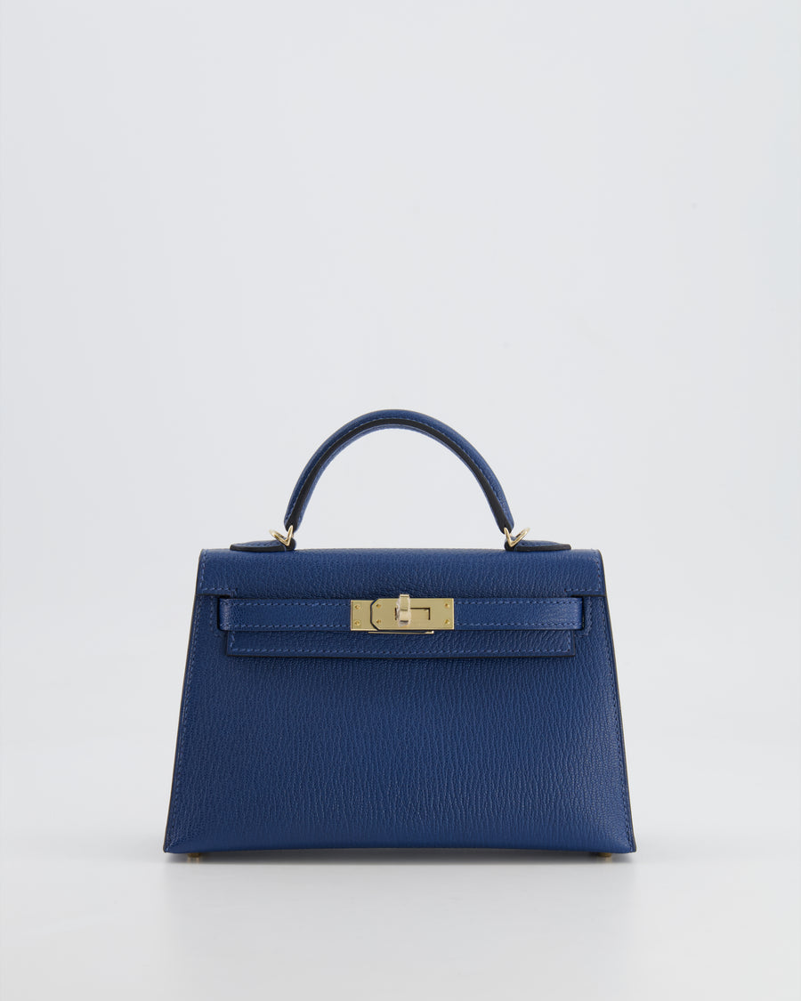 *RARE* Hermès Mini Kelly HSS II 20 Verso Bag In Deep Blue Chèvre Mysore Leather with Orange Poppy Interior and Permabrass Hardware