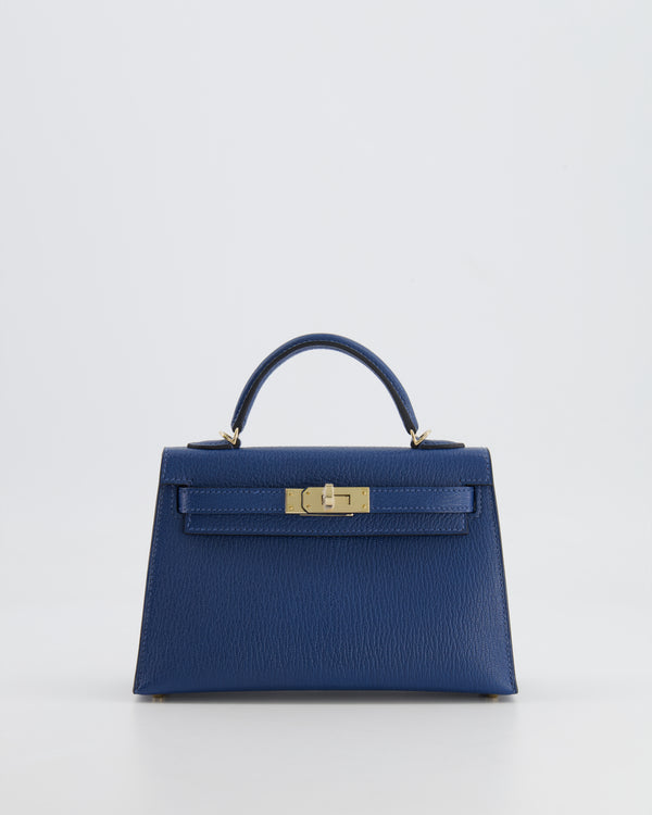 *RARE* Hermès Mini Kelly HSS II 20 Verso Bag In Deep Blue Chèvre Mysore Leather with Orange Poppy Interior and Permabrass Hardware