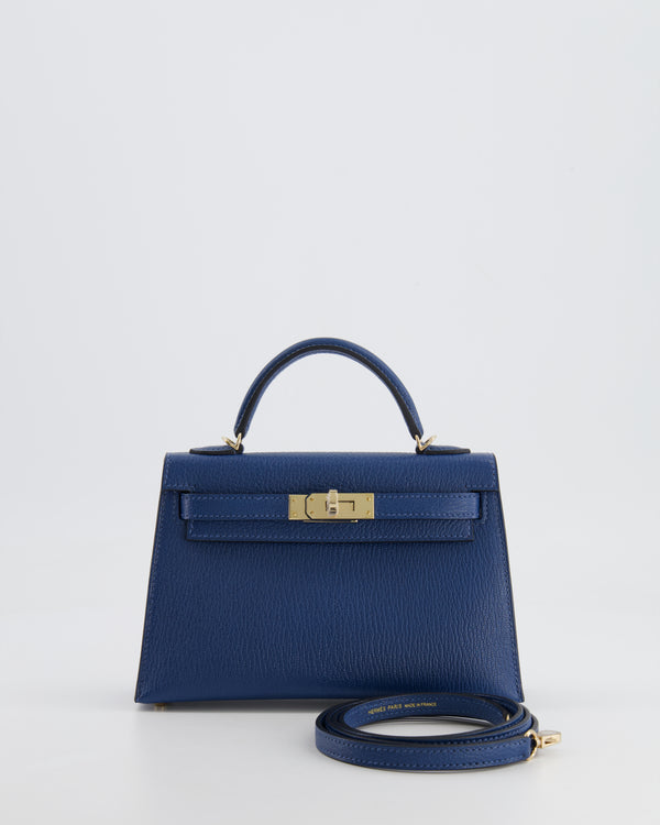 *RARE* Hermès Mini Kelly HSS II 20 Verso Bag In Deep Blue Chèvre Mysore Leather with Orange Poppy Interior and Permabrass Hardware
