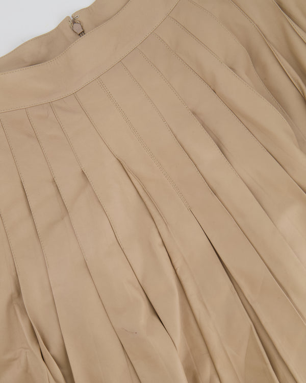 Chanel 05A Beige Leather Pleated Mini Skirt with Gold CC Logo Detail Size FR 42 (UK 14)