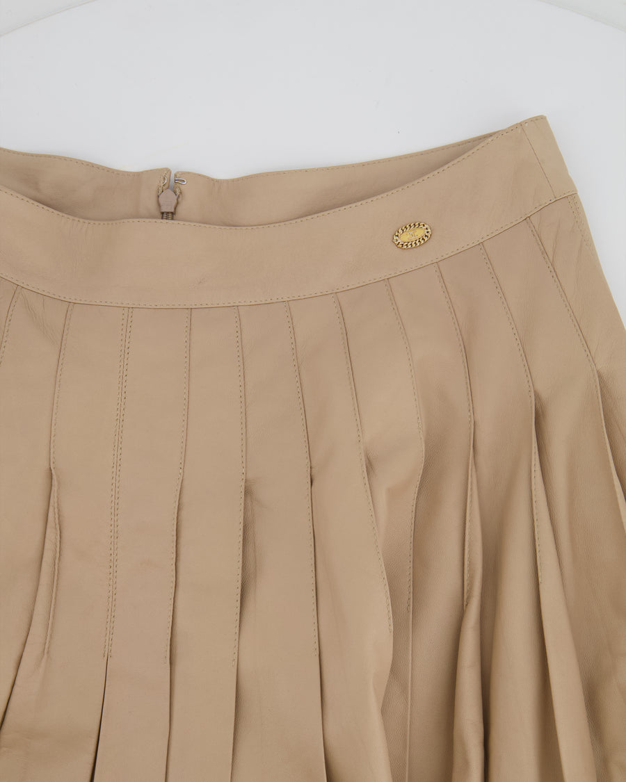 Chanel 05A Beige Leather Pleated Mini Skirt with Gold CC Logo Detail Size FR 42 (UK 14)