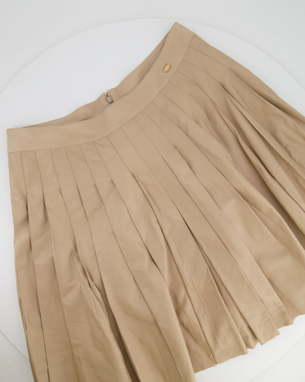 Chanel 05A Beige Leather Pleated Mini Skirt with Gold CC Logo Detail Size FR 42 (UK 14)