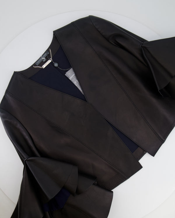 Alexander McQueen Black Leather Cropped Jacket with Ruffled Sleeves Size IT 40 (UK 8)