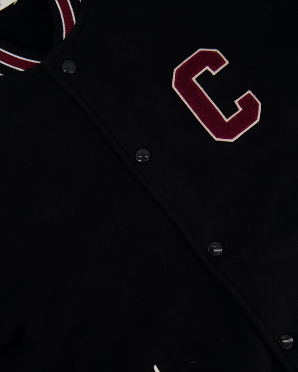 Celine Black College Jacket with Burgundy Striped Collar and Celine Paris Embroidery Detail Size S (UK 8)