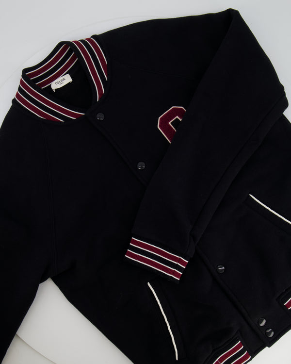 Celine Black College Jacket with Burgundy Striped Collar and Celine Paris Embroidery Detail Size S (UK 8)
