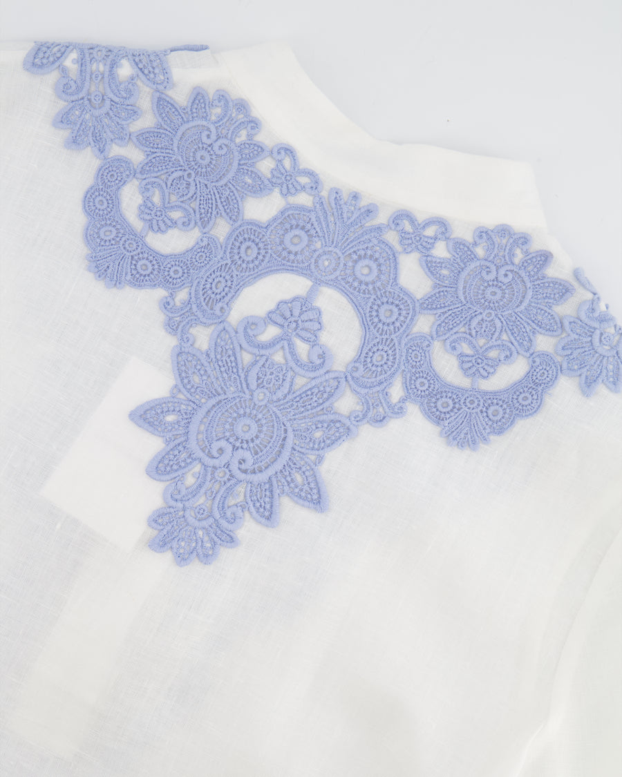 Zimmermann White Linen Raie Top with Light Blue Embroidered Lace Detail Size 2 (UK 12)
