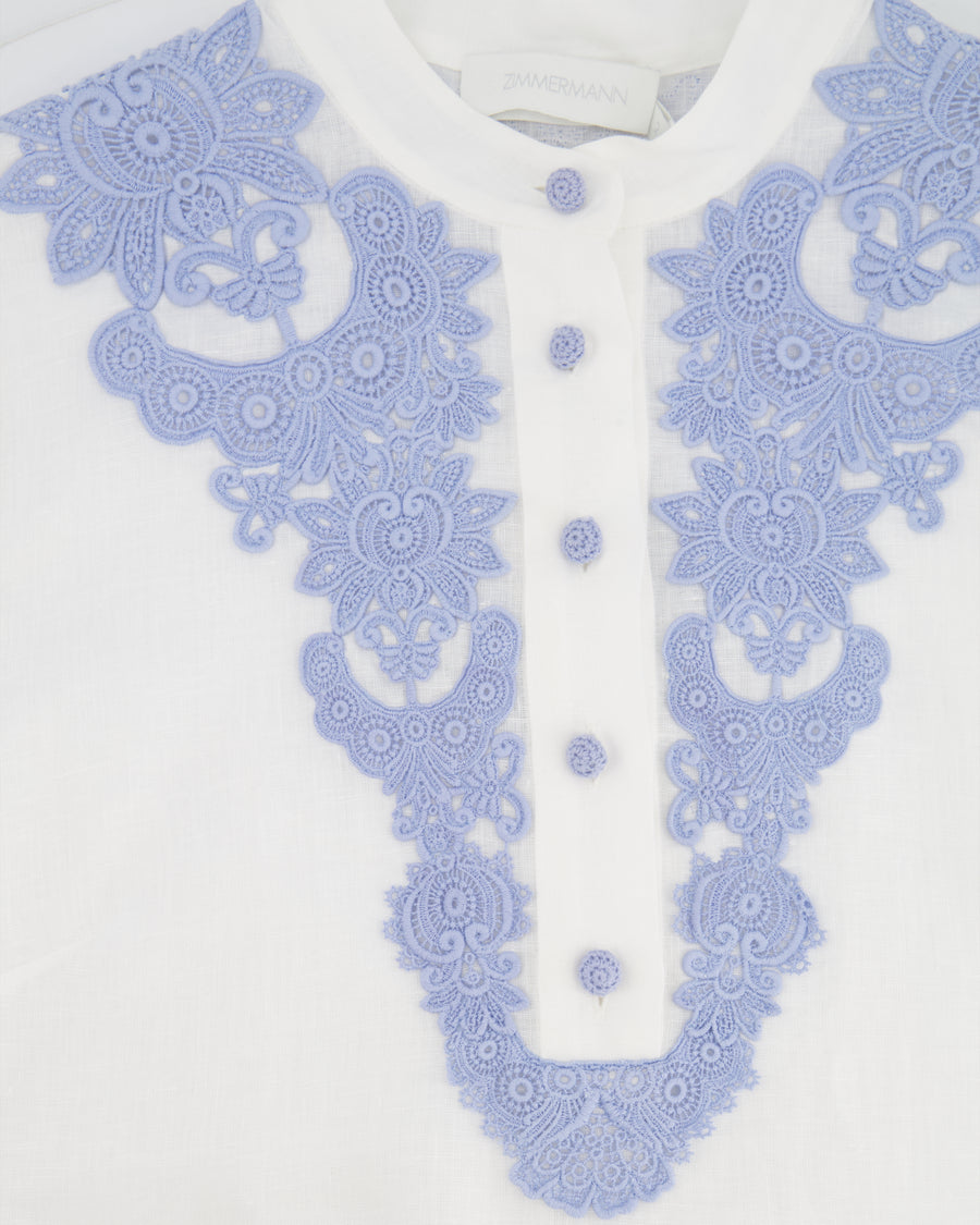 Zimmermann White Linen Raie Top with Light Blue Embroidered Lace Detail Size 2 (UK 12)