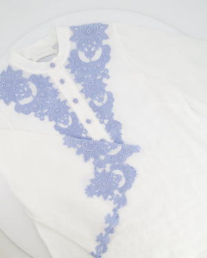 Zimmermann White Linen Raie Top with Light Blue Embroidered Lace Detail Size 2 (UK 12)