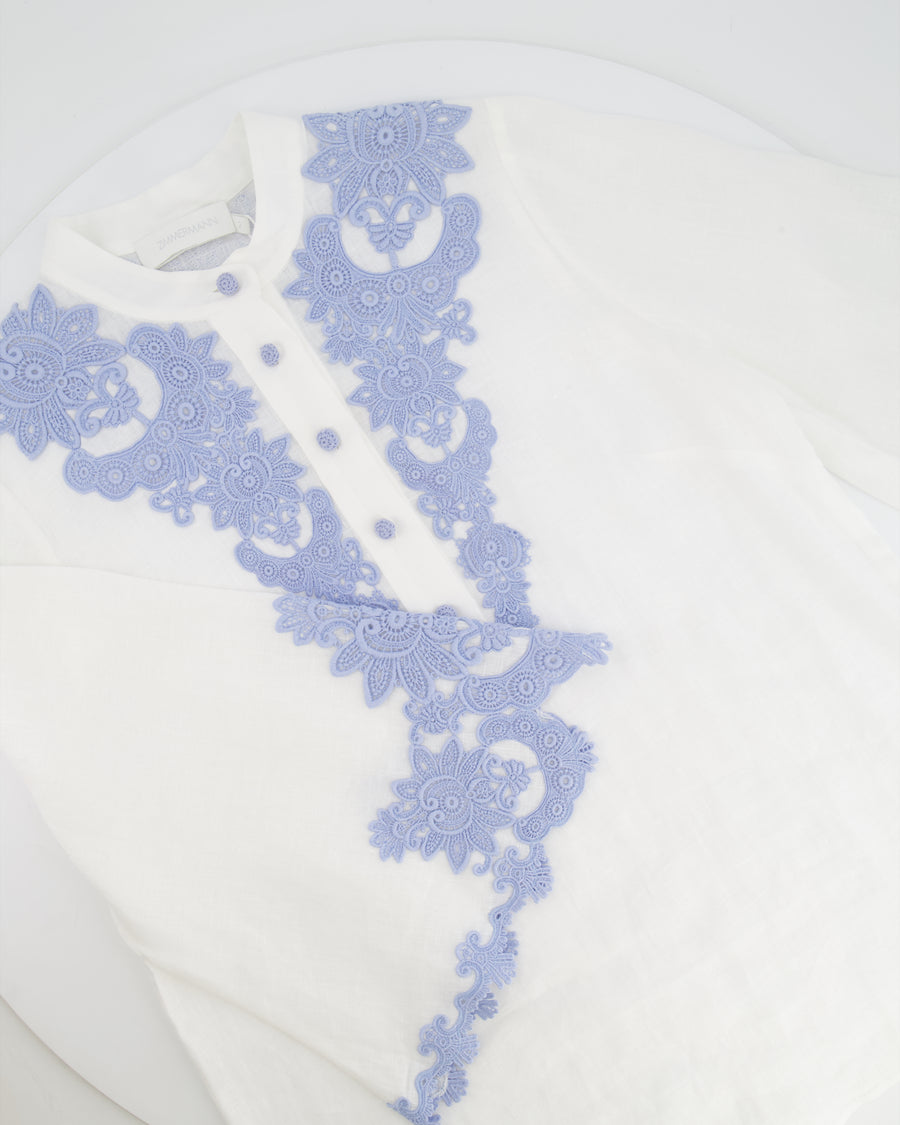 Zimmermann White Linen Raie Top with Light Blue Embroidered Lace Detail Size 2 (UK 12)