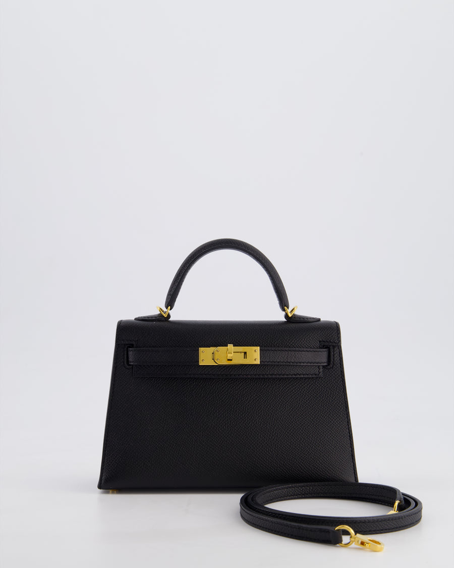 *HOT* Hermès Mini Kelly II 20 Bag in Noir Epsom Leather with Gold Hardware