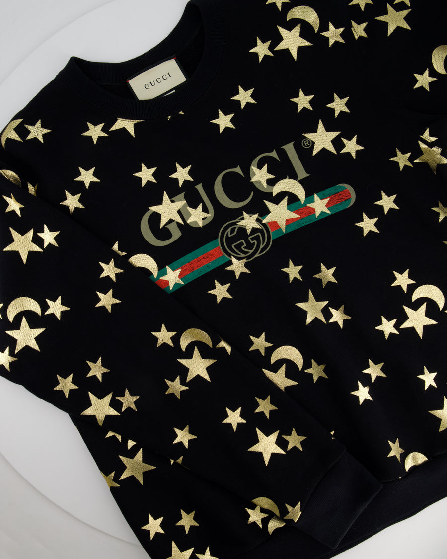 Gucci Black Sweatshirt with Gold Star Print GG Logo Size S (UK 8)