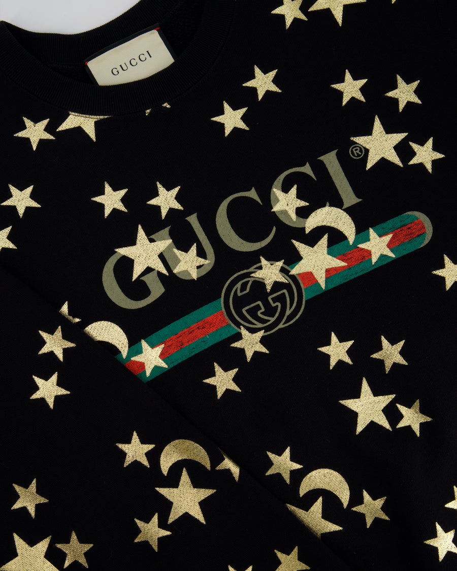 Gucci Black Sweatshirt with Gold Star Print GG Logo Size S (UK 8)