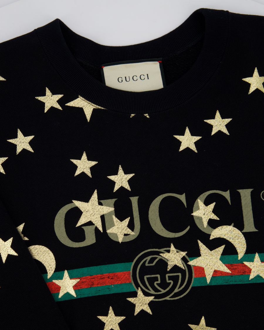 Gucci Black Sweatshirt with Gold Star Print GG Logo Size S (UK 8)