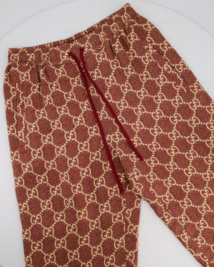 Gucci Burgundy and Cream Silk GG Monogram Joggers with Gold Metallic Side Detail Size XS (UK 6)