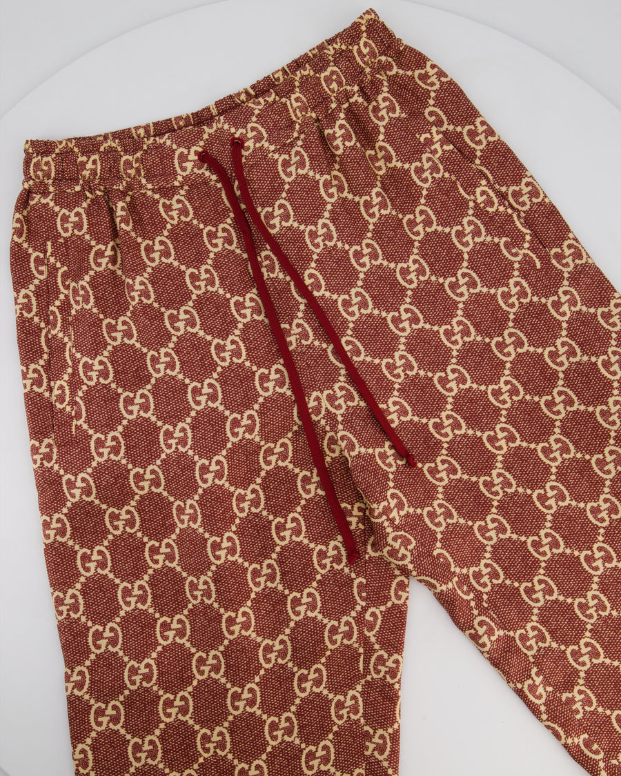 Gucci Burgundy and Cream Silk GG Monogram Joggers with Gold Metallic Side Detail Size XS (UK 6)
