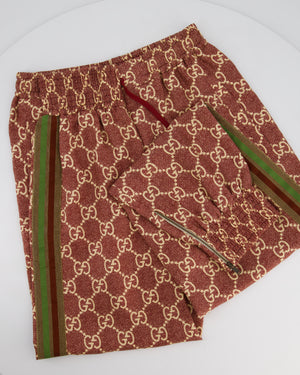 Gucci Burgundy and Cream Silk GG Monogram Joggers with Gold Metallic Side Detail Size XS (UK 6)