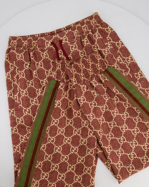 Gucci Burgundy and Cream Silk GG Monogram Joggers with Gold Metallic Side Detail Size XS (UK 6)