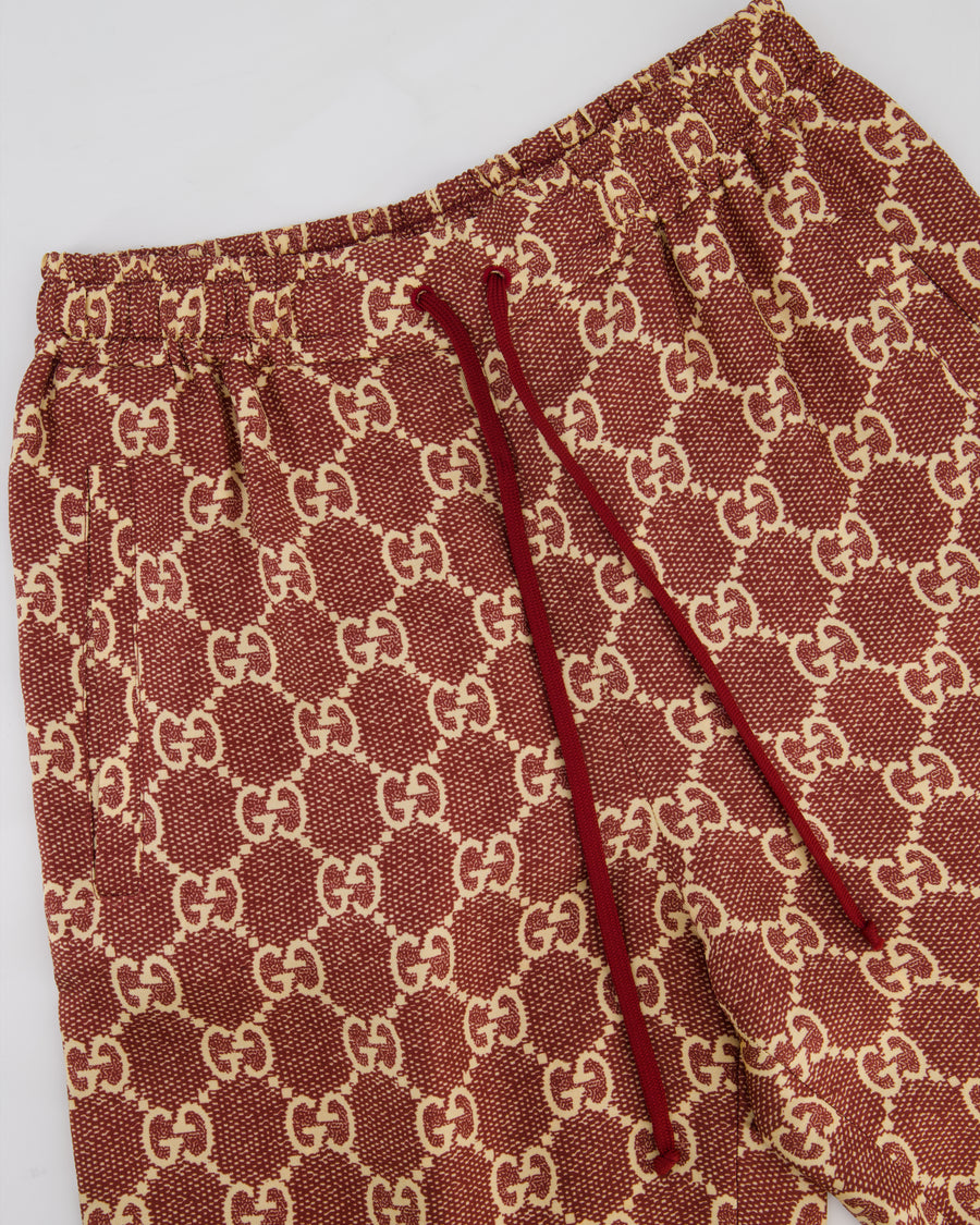 Gucci Burgundy and Cream Silk GG Monogram Joggers with Gold Metallic Side Detail Size XS (UK 6)