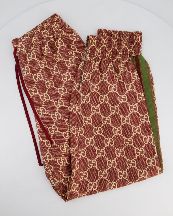 Gucci Burgundy and Cream Silk GG Monogram Joggers with Gold Metallic Side Detail Size XS (UK 6)