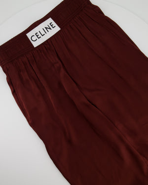 Celine Burgundy Satin Boxing Trousers with Cuffed Hems and Waistband Logo Detail Size FR 34 (UK 6)