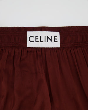 Celine Burgundy Satin Boxing Trousers with Cuffed Hems and Waistband Logo Detail Size FR 34 (UK 6)