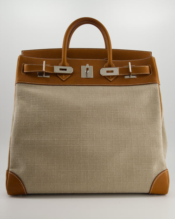 Hermès Haut à Courroies HAC 40 Bag in Fauve Barenia Faubourg Leather & Naturel Toile Canvas with Palladium Hardware