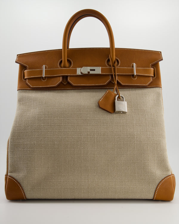 Hermès Haut à Courroies HAC 40 Bag in Fauve Barenia Faubourg Leather & Naturel Toile Canvas with Palladium Hardware