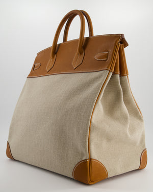 Hermès Haut à Courroies HAC 40 Bag in Fauve Barenia Faubourg Leather & Naturel Toile Canvas with Palladium Hardware
