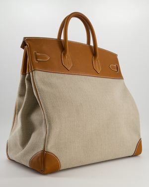 Hermès Haut à Courroies HAC 40 Bag in Fauve Barenia Faubourg Leather & Naturel Toile Canvas with Palladium Hardware