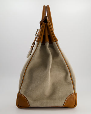 Hermès Haut à Courroies HAC 40 Bag in Fauve Barenia Faubourg Leather & Naturel Toile Canvas with Palladium Hardware