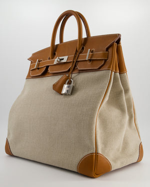 Hermès Haut à Courroies HAC 40 Bag in Fauve Barenia Faubourg Leather & Naturel Toile Canvas with Palladium Hardware