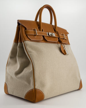 Hermès Haut à Courroies HAC 40 Bag in Fauve Barenia Faubourg Leather & Naturel Toile Canvas with Palladium Hardware