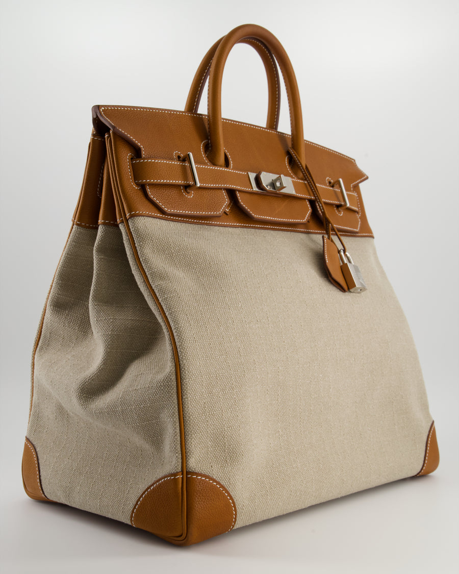 Hermès Haut à Courroies HAC 40 Bag in Fauve Barenia Faubourg Leather & Naturel Toile Canvas with Palladium Hardware