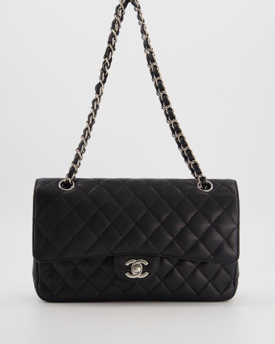 Chanel Black Medium Classic Double Flap Bag in Caviar Leather with Silver Hardware