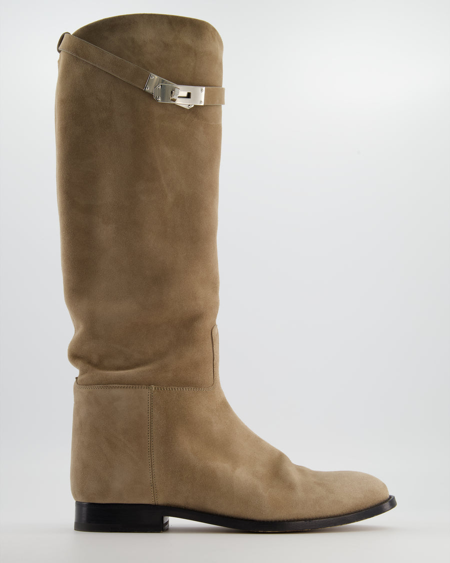*HOT* Hermès Beige Sable Jumping Boots in Chèvre Velours with Palladium Buckle Size EU 39 RRP £2,300