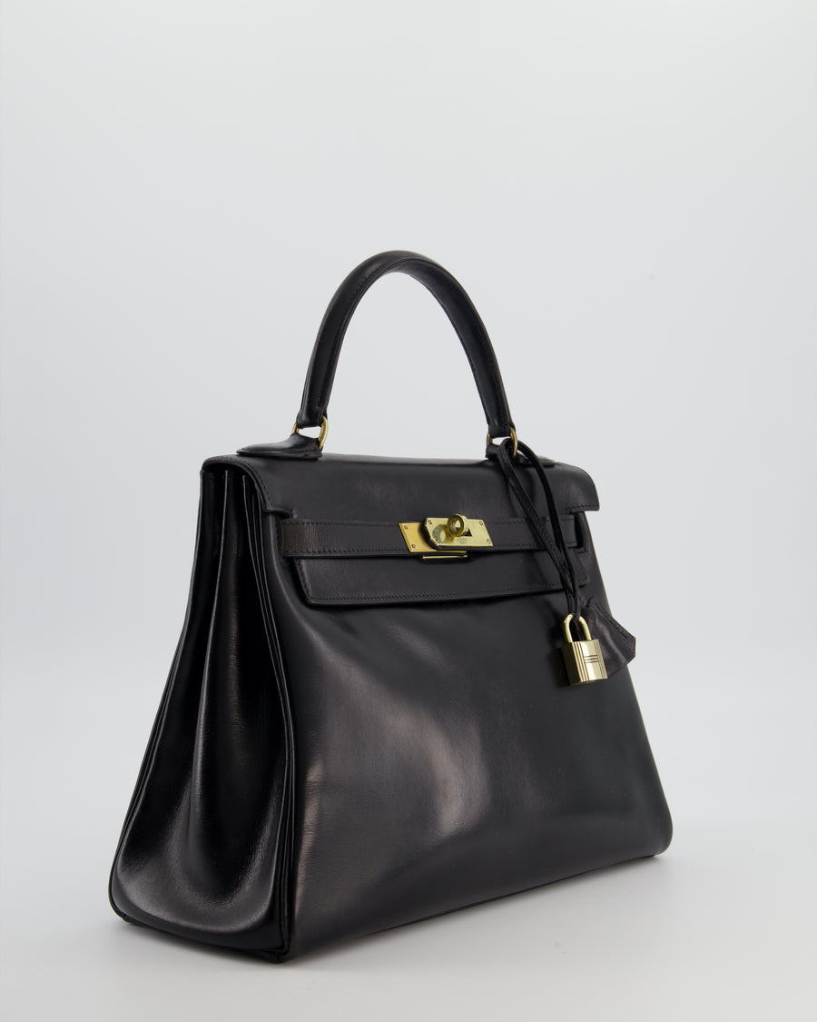 *FIRE PRICE* Hermès Vintage Kelly 28 Retourne Bag in Noir Box Leather with Gold Hardware