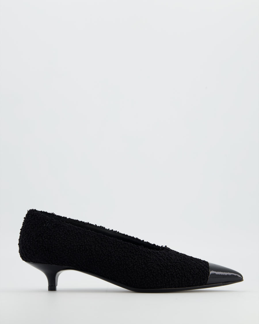 Chanel Black Pointed Metallic Kitten Heel Patent Toe Detail Size EU 38.5