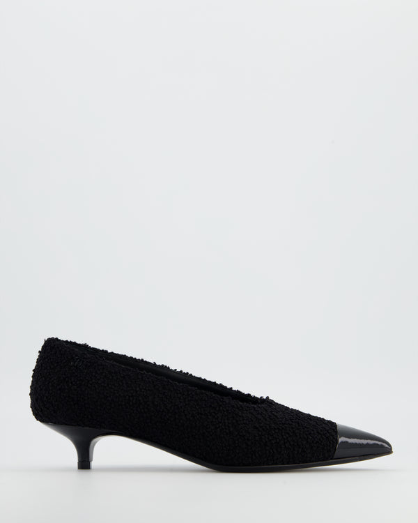 Chanel Black Pointed Metallic Kitten Heel Patent Toe Detail Size EU 38.5