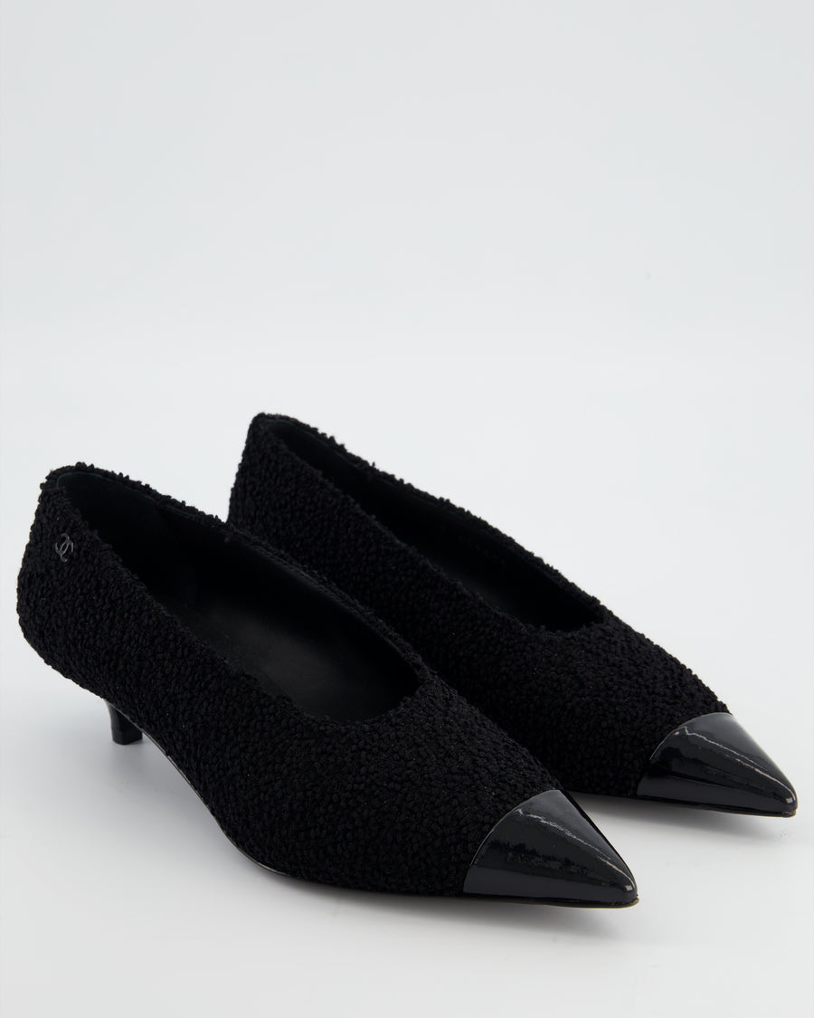 Chanel Black Pointed Metallic Kitten Heel Patent Toe Detail Size EU 38.5