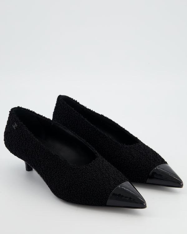 Chanel Black Pointed Metallic Kitten Heel Patent Toe Detail Size EU 38.5