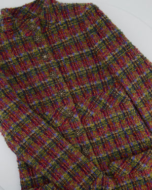 Chanel Green, Blue, Pink Tweed Check Long Coat with Button CC Detailing FR 34 (UK 6)