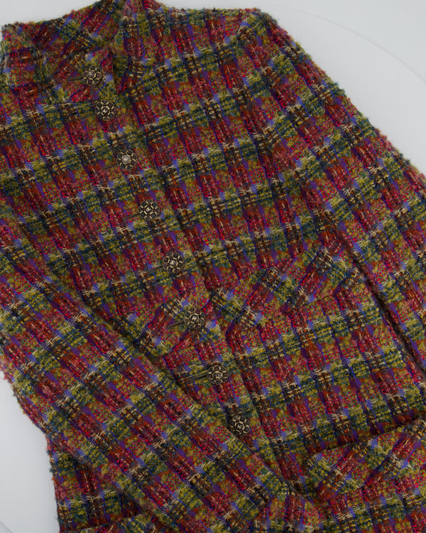 Chanel Green, Blue, Pink Tweed Check Long Coat with Button CC Detailing FR 34 (UK 6)